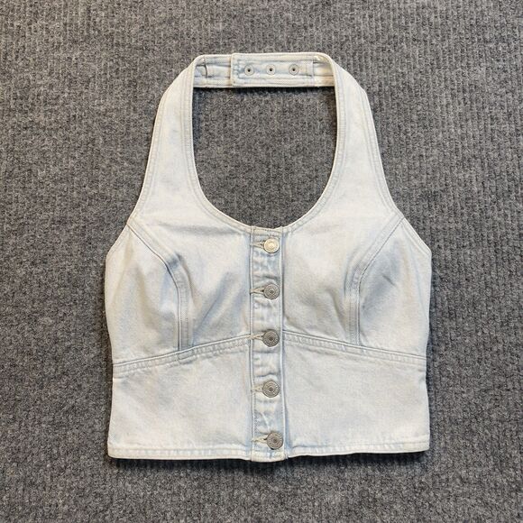 Levi’s Womens XS Button Down Denim Slim Fit Halter Top Janeesah Light Wash NEW - Picture 1 of 12